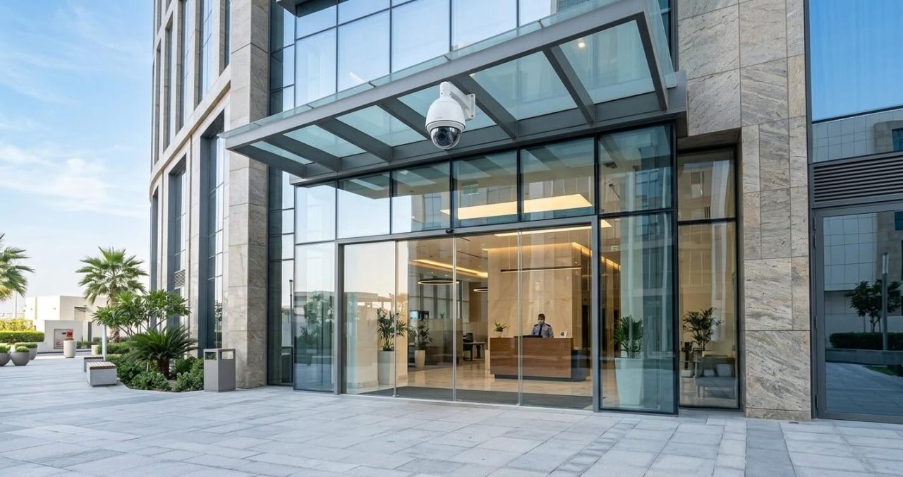 Commercial building entrance with visible security camera coverage in Dubai