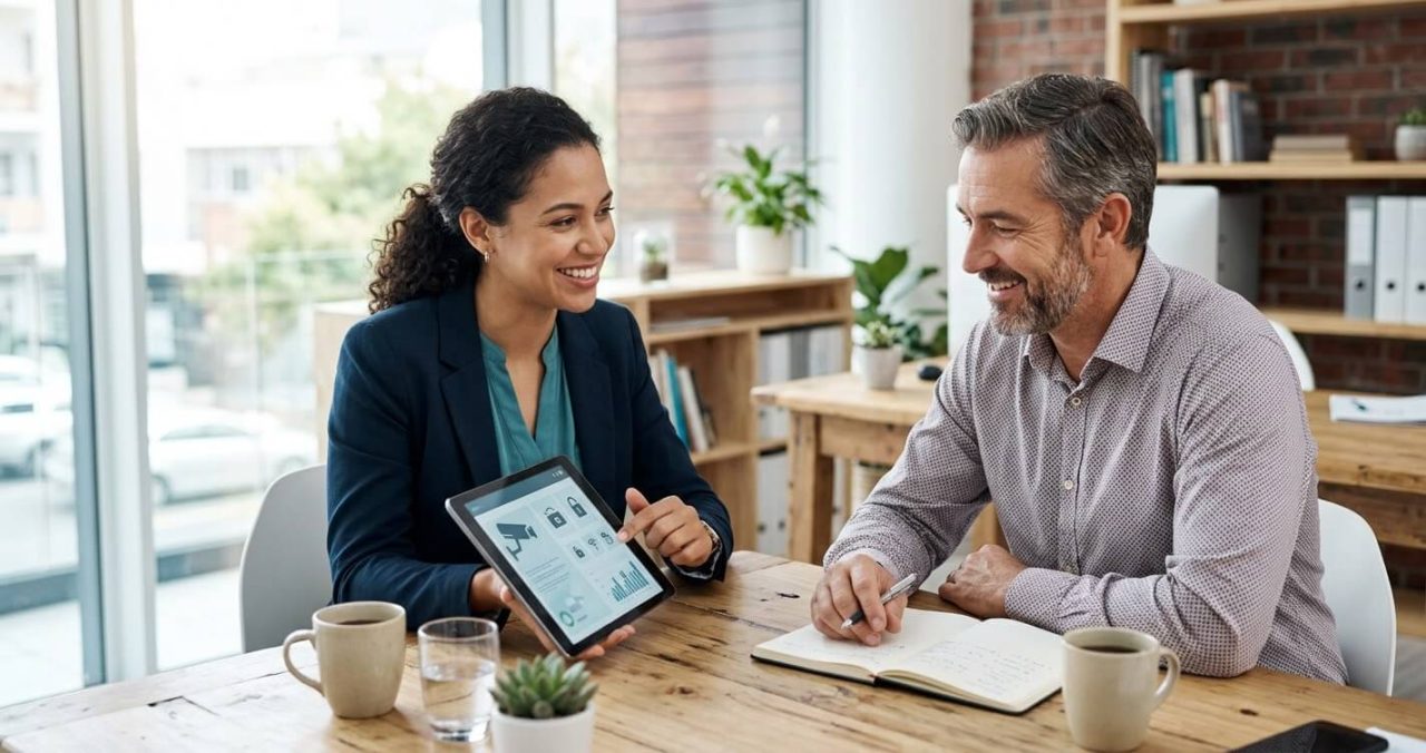 صاحب عمل يتشاور مع مزود لأنظمة الأمن في دبي