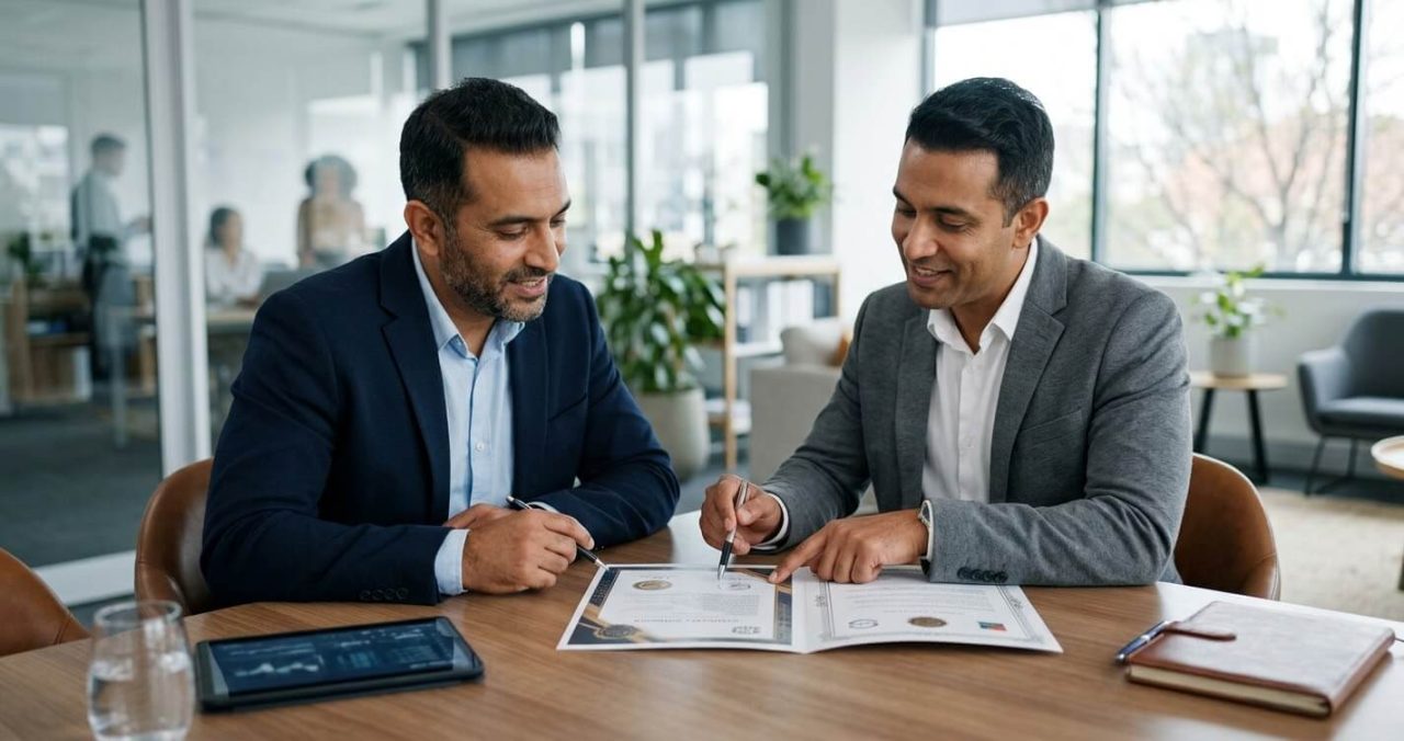 Business owner reviewing security company certification documents